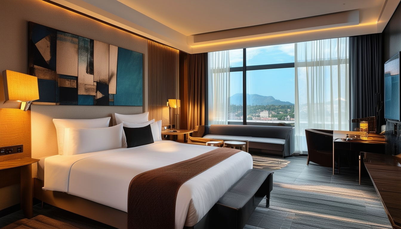 Imagem de um quarto de hotel luxuosamente decorado
