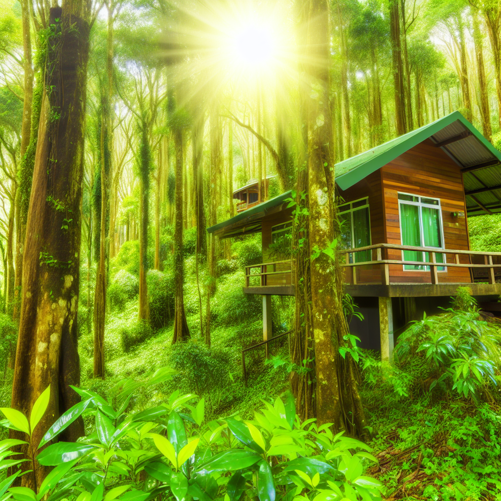 Uma cabana ecológica cercada por uma floresta exub