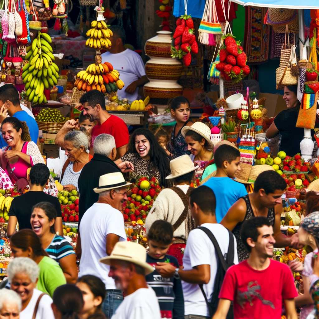 Uma imagem de um mercado colorido e movimentado co