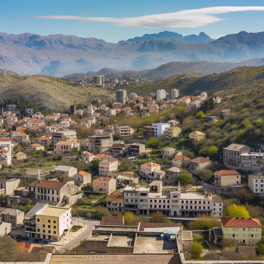 Uma vista panorâmica de uma cidade escondida entre