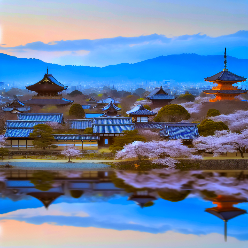 Uma vista panorâmica dos templos de Kyoto ao amanh